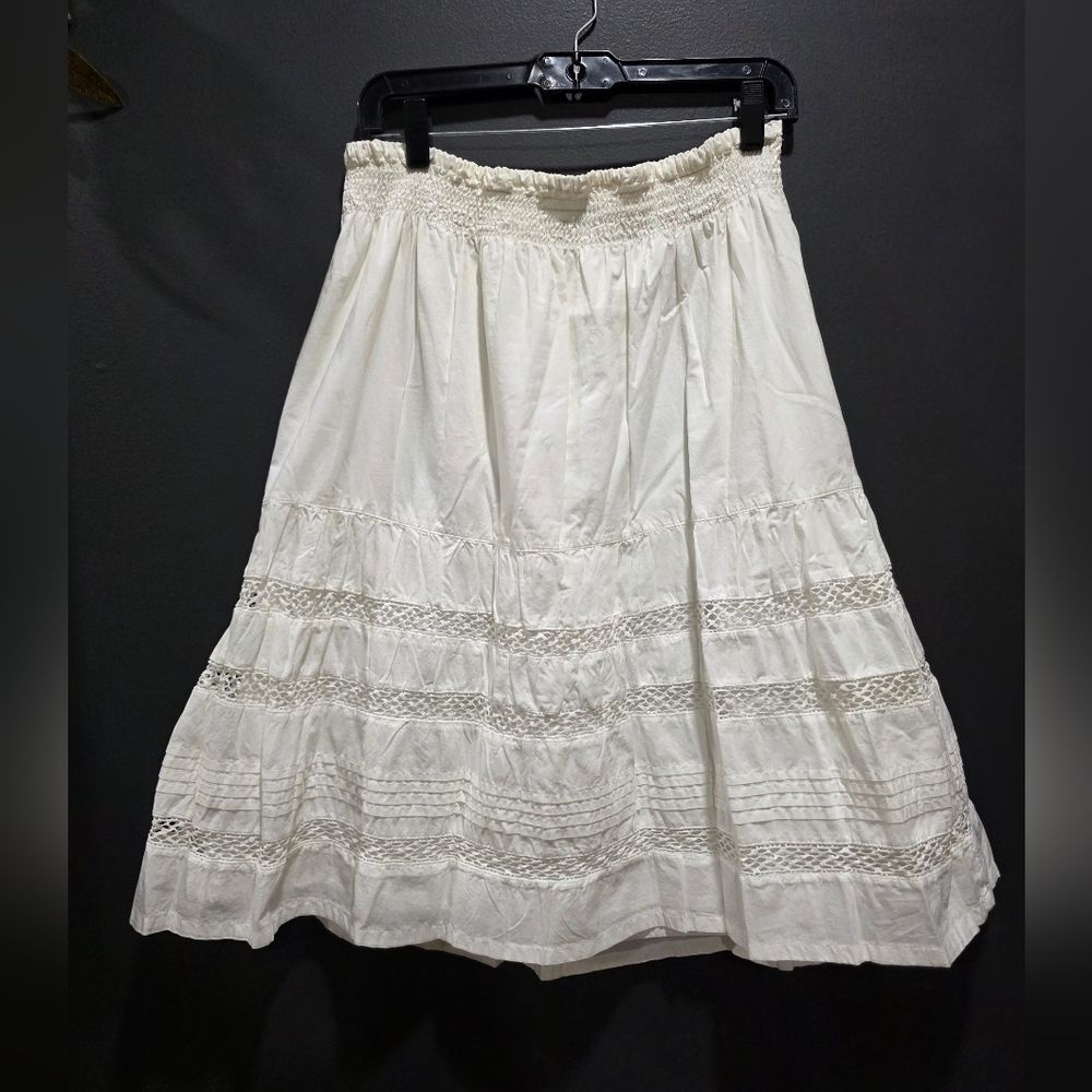 Tiered White Boho Style Midi Skirt Crochet Lace Inserts Cotton Sz 16W/18W Fairy